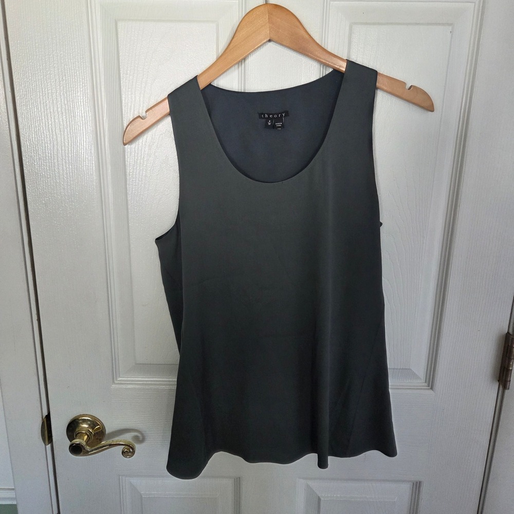 Theory Aleukia Sheen 2 Silk Blend Tank Top Charcoal Grey Scoop Neck Shell P/TP